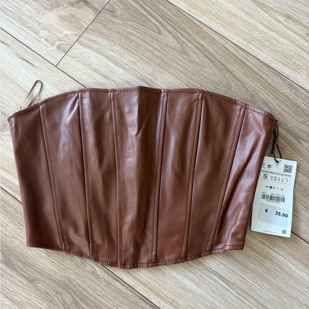 Zara Brown Faux Leather Bustier Top